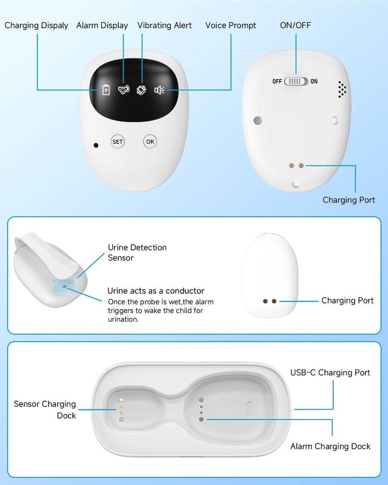 PHENOHERE US-Patented Wireless Bedwetting Alarm for Boys and Girls,High Sensitivity Sensor for Deep Sleepers, USB-C Rechargeable, 3 Modes (Vibration/Sound/Combo), Split Sensor (787in), Portable Case, 20-Day Use - Image 4